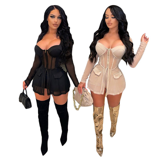 Gauze Mesh Sheer Two Piece Sportswear Women Zip Top Black Shorts Set