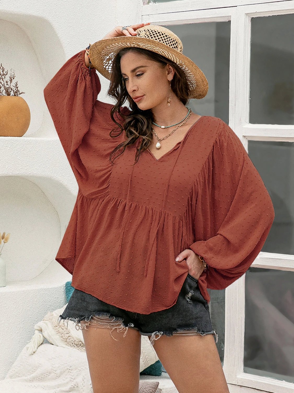 Plus Size Swiss Dot Tie Neck Long Sleeve Blouse by Lady Ros