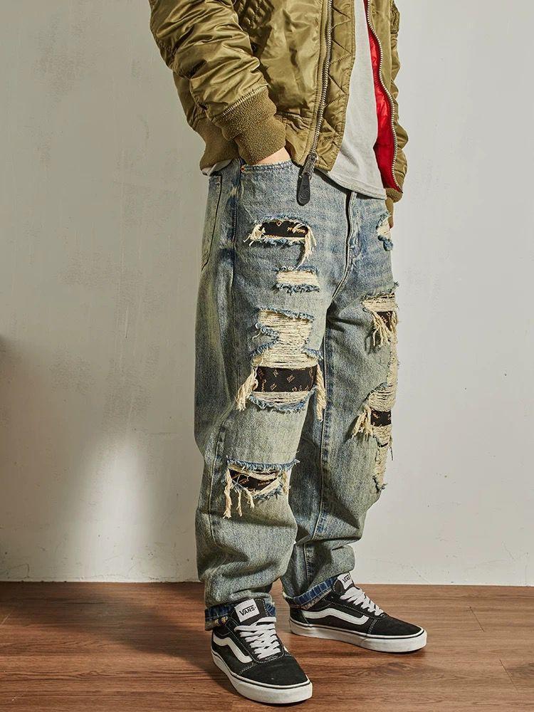Men's Loose Straight Tapered Distressed Broken Holes Jeans