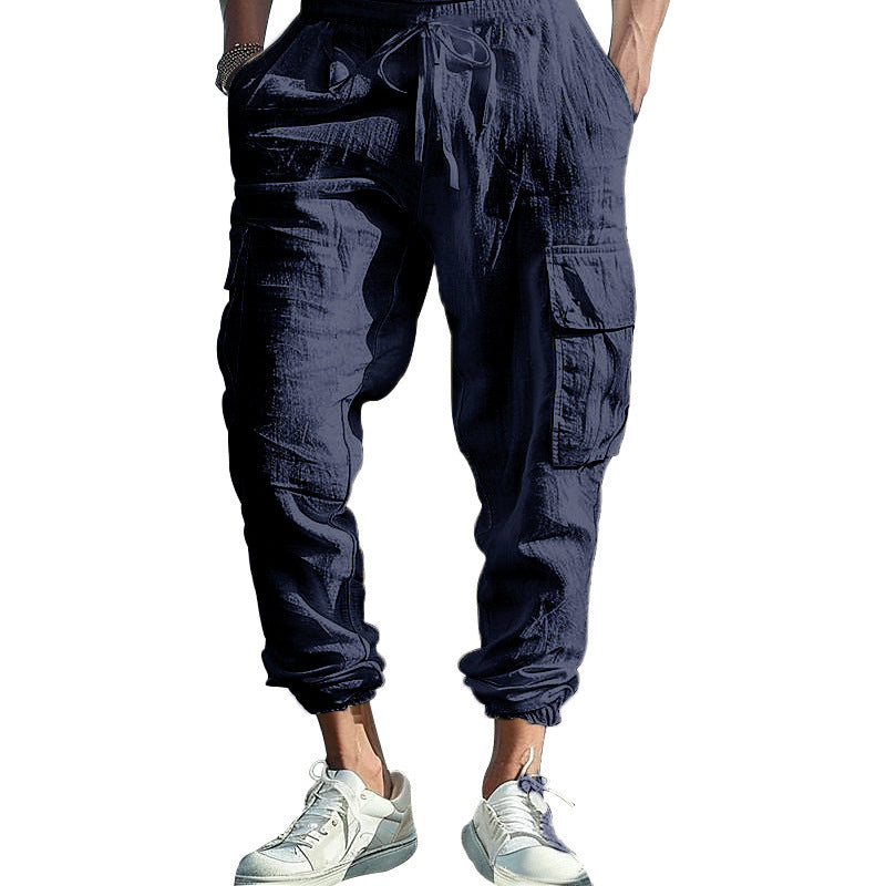 Men's Casual Ankle-tied Multi-pocket Tether Solid Color Loose Pants