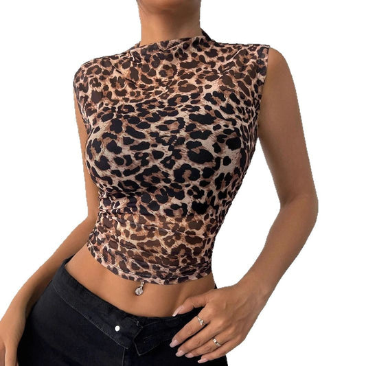Slim Sleeveless Leopard Print Women's T-shirt