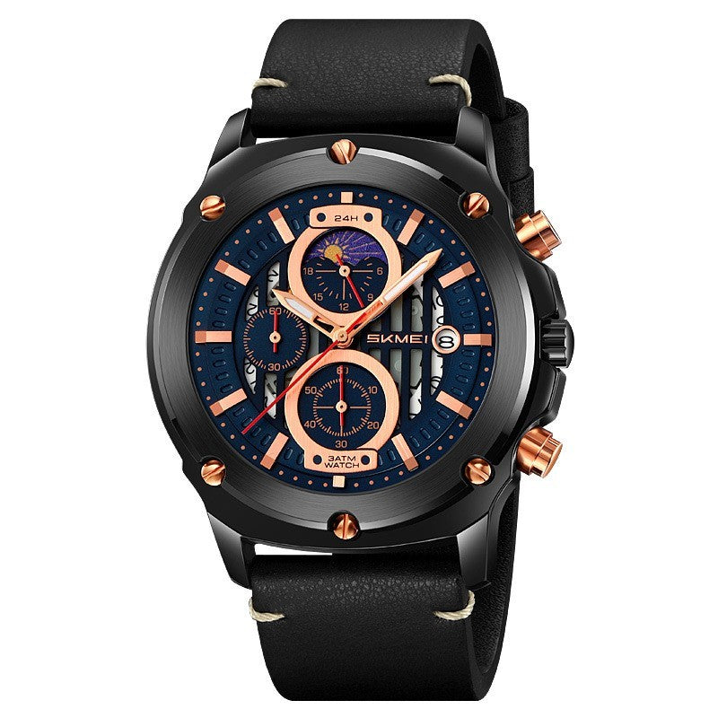 Men's Fashion Trend Leather-belt Three Eyes And Six Needles Quartz Watch