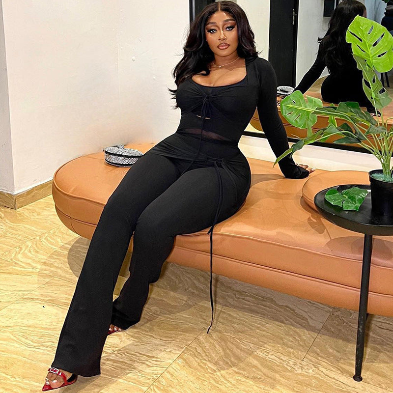 Women's Solid Color Casual Suit Mesh Stitching