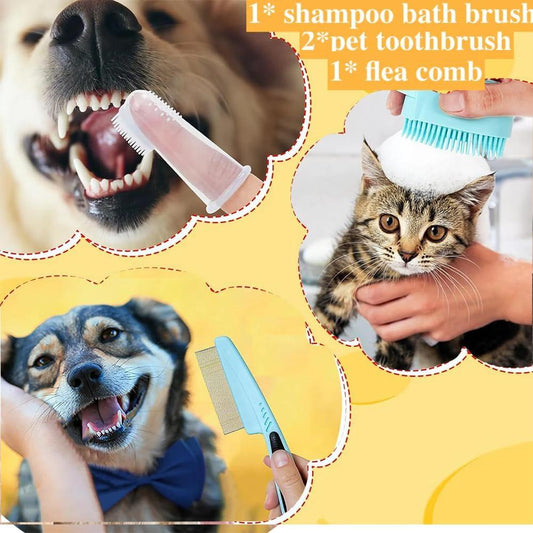 7pcs Pet Grooming Kit, Self-Cleaning Brush Shedding Kit With Nail Clipper, Flea Comb, Shampoo Bath Brush, Finger Toothbrush by GJG Denim