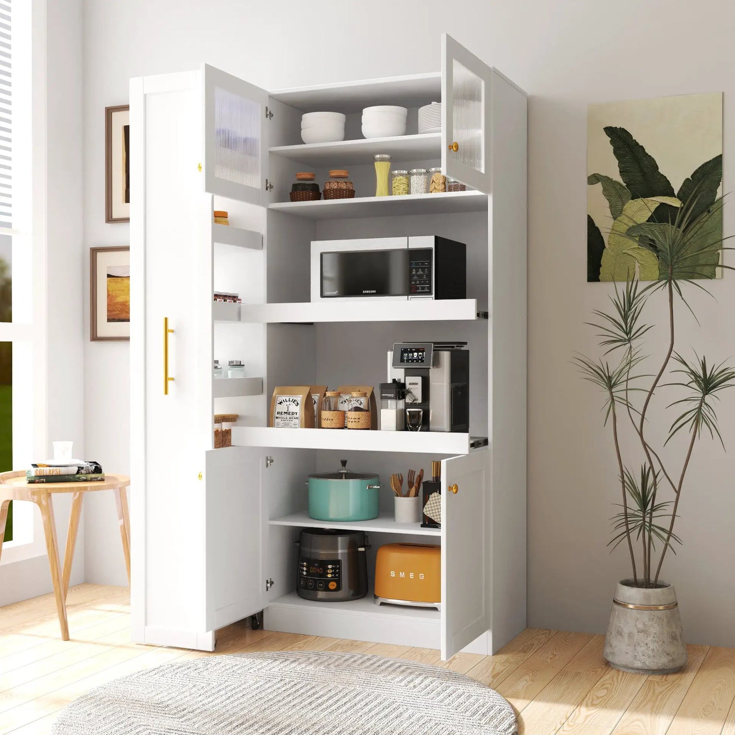 Kitchen Pantry Cabinet With Multi-functional Pull-out Multi-tier Storage Shelf,Farmhouse Storage Cabinet With 4 Doors,Pantry Organizers For Kitchen,Dining Room White by GJG Denim