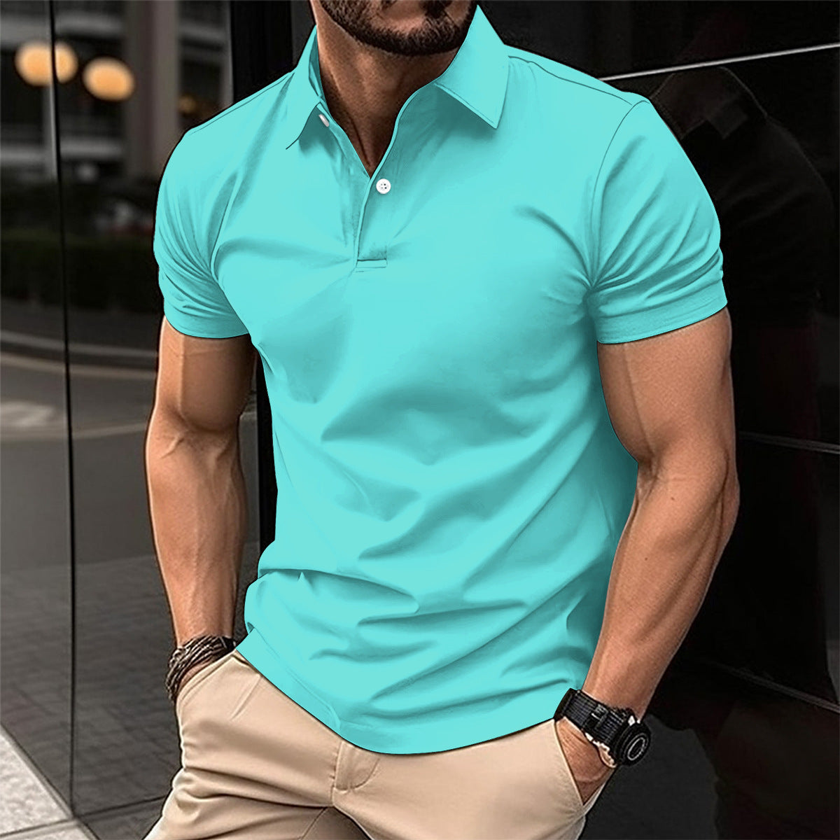 Short Sleeve Polo Shirt Men Solid Color Button Lapel Button Top