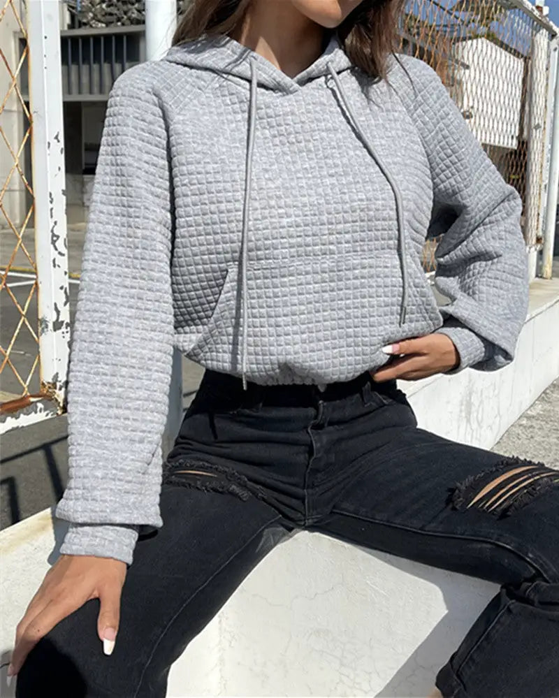 Women's Hooded Long-sleeved Patchwork Waffle Sweater by GJG Denim