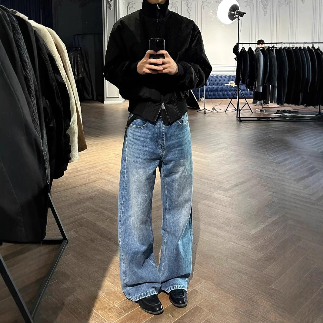 Men's Washed Distressed A- Line Loose Straight Jeans