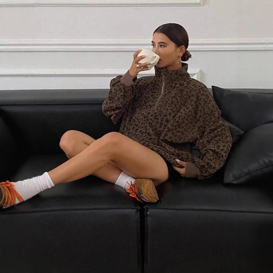 Casual Leopard Print Pattern Corduroy Zipper Sweater