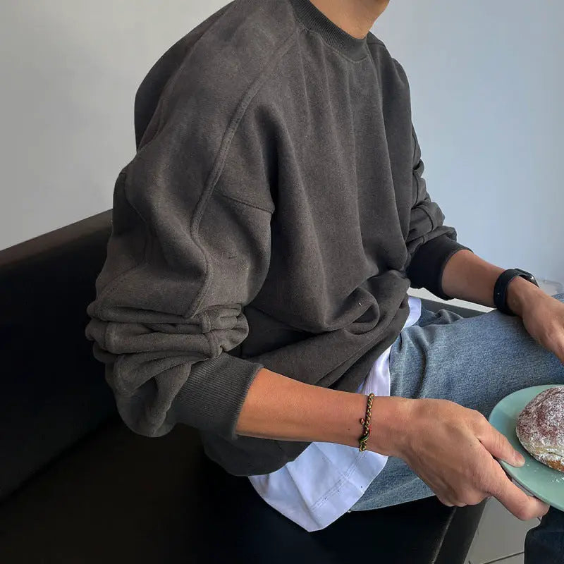 Simple Retro Crew Neck Sweater Men's Loose Pullover by GJG Denim
