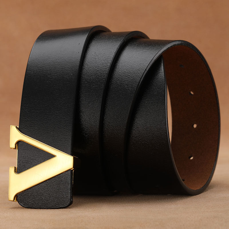 Men's  Retro Smooth Genuine Leather Pure Cowhide Letter V Belts