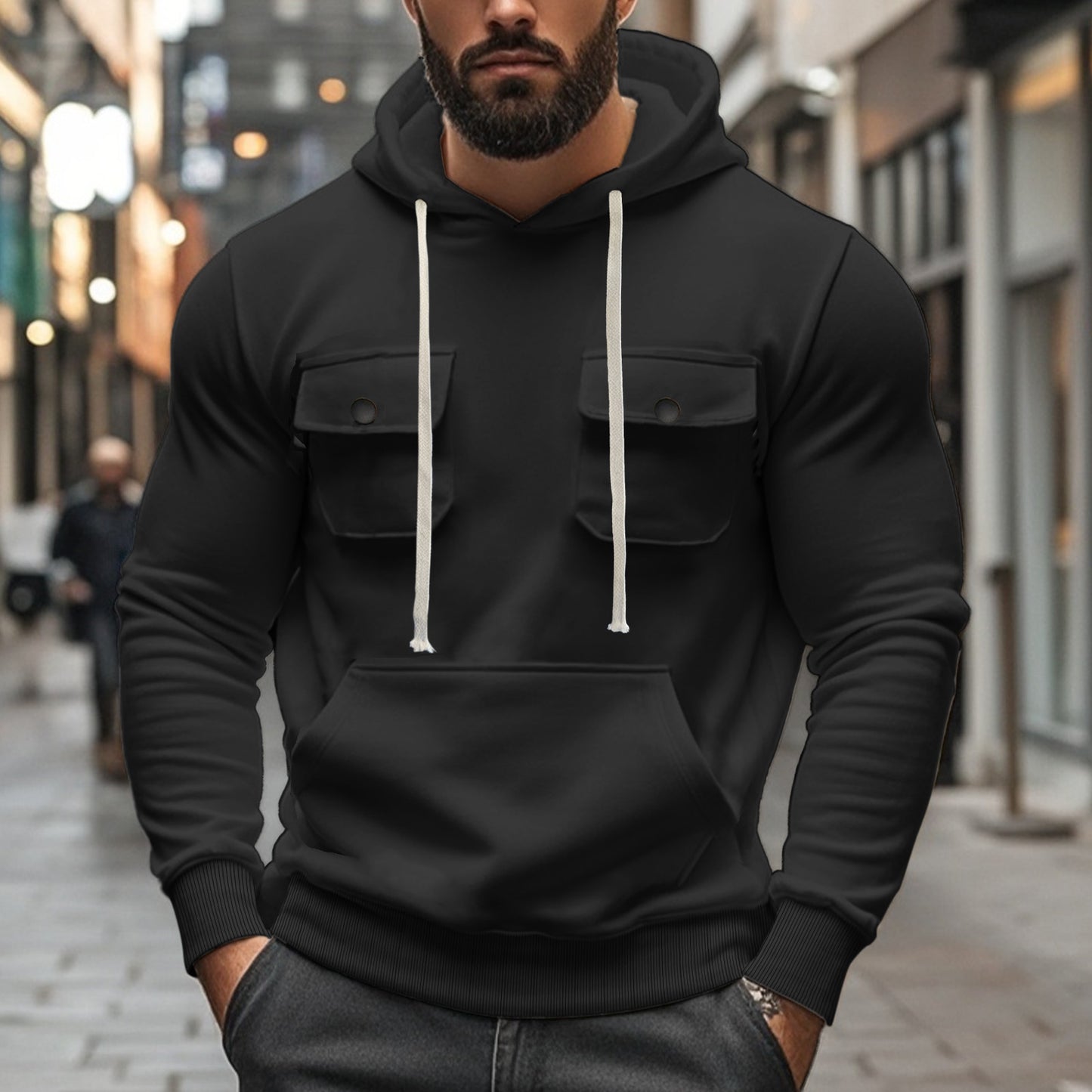 Men's  Multi-pocket Long Sleeve Solid Color Hoodies