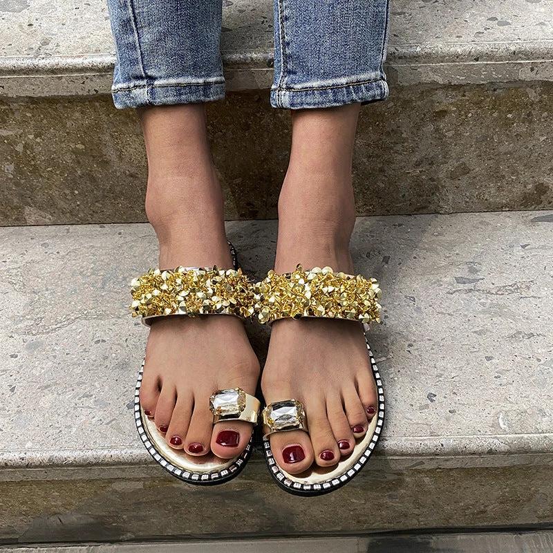 Summer Flat-heel All-over-toe Rhinestone Sandals Sandals by GJG Denim