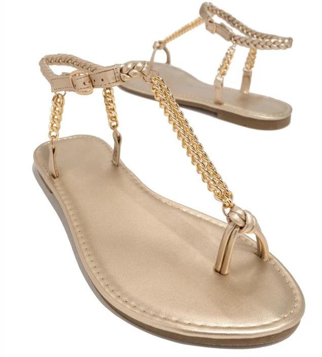 Round Toe Flat Toe Metal Chain Sandals Women's Large Size Beach Sandals by GJG Denim