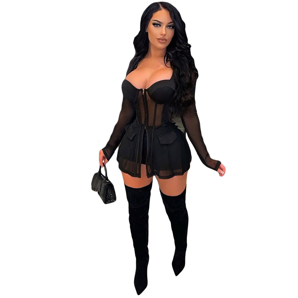 Gauze Mesh Sheer Two Piece Sportswear Women Zip Top Black Shorts Set