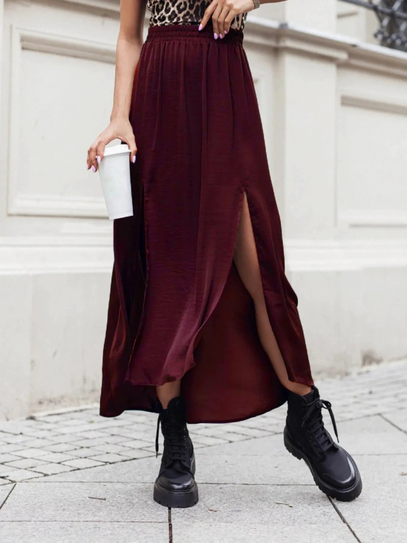 Elastic Waistband High-Slit Maxi Skirt by Lady Ros