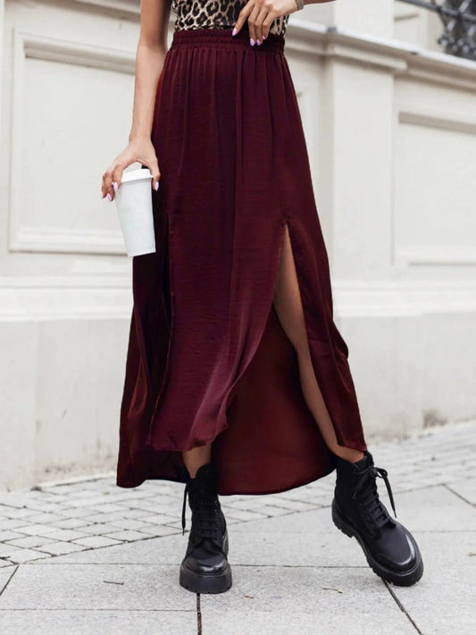Elastic Waistband High-Slit Maxi Skirt by Lady Ros