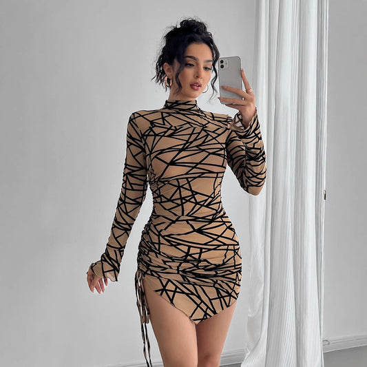 Slim-fit Side Drawstring Stand-up Collar Long-sleeved Irregular Short Dress