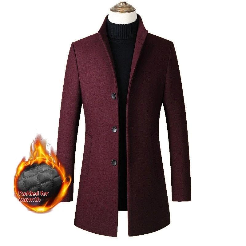 Single-breasted Stand Collar Cotton Padded Men's Woolen Trench Coat by GJG Denim