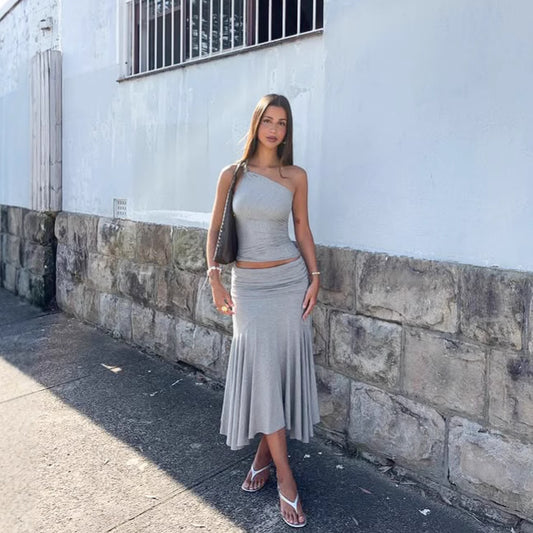 Ins Style Women's Solid Color Sleeveless Vest High Waist Skirt Two-piece Set
