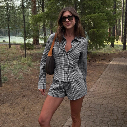 Plaid-printed Button-front Long-sleeve Shirt Cardigan And Elastic-waist Shorts Set by GJG Denim