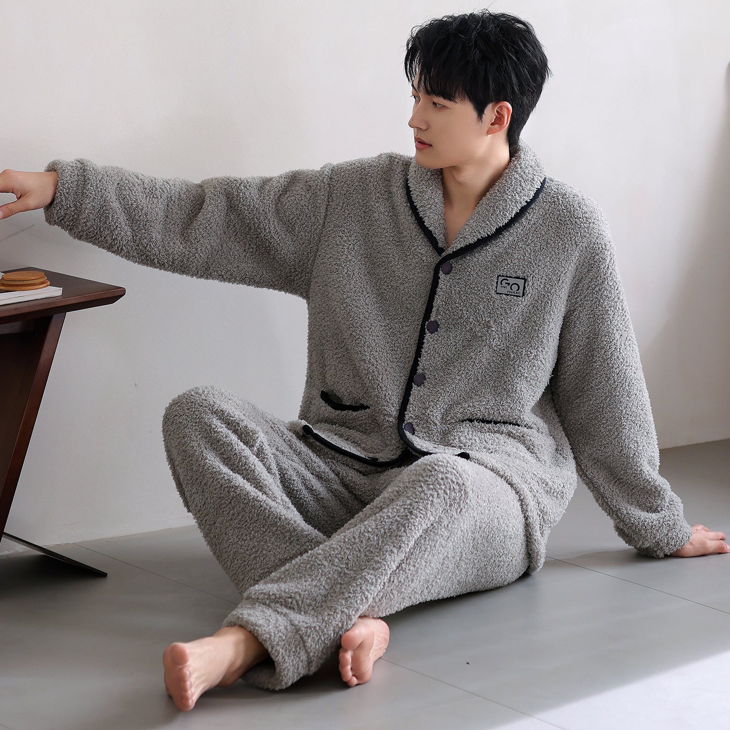 Men's Flannel Thick Warm Long Sleeves Fleece Pajama Set