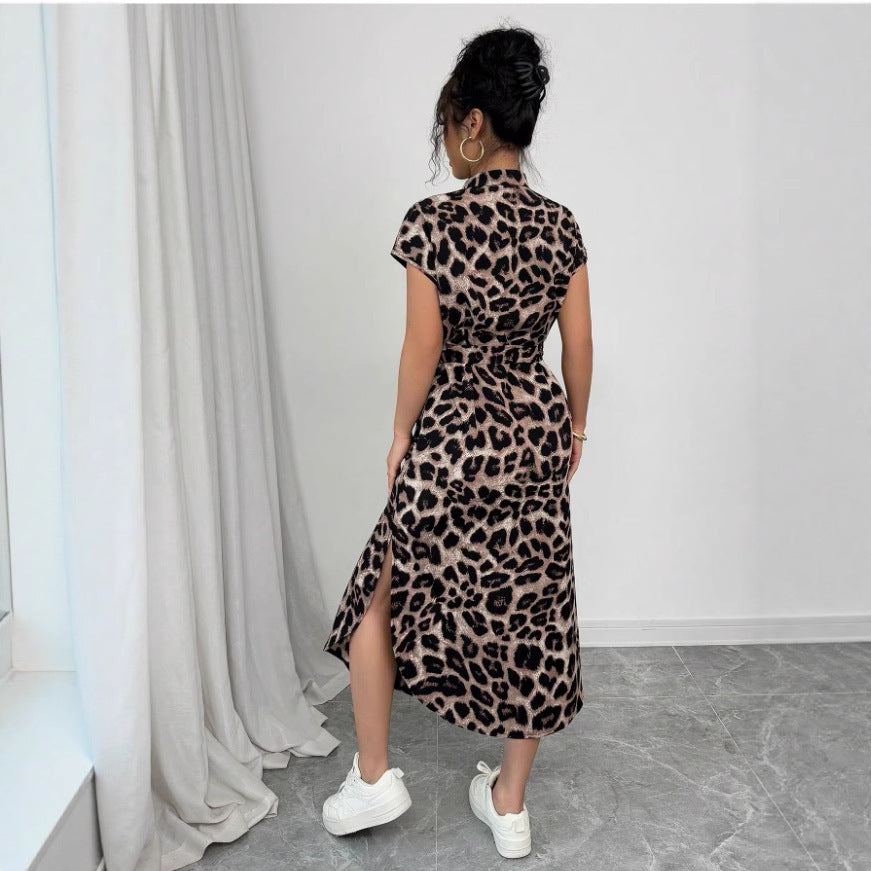 Leopard Print Front Button Shirt Belt Bow Shirt For Women