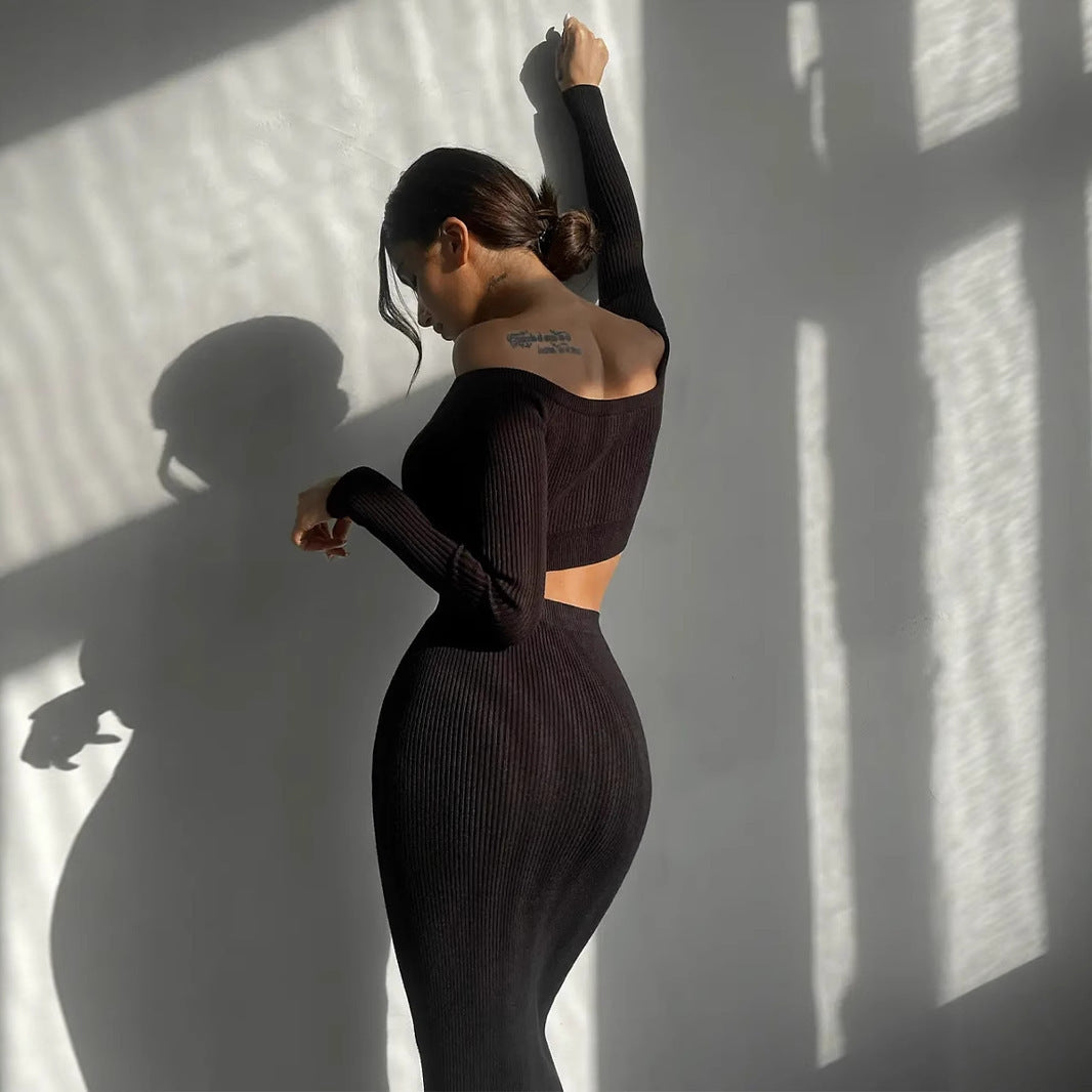 Autumn Winter Sexy Long Sleeve Sweater Dress Two-piece Set Skinny Knit