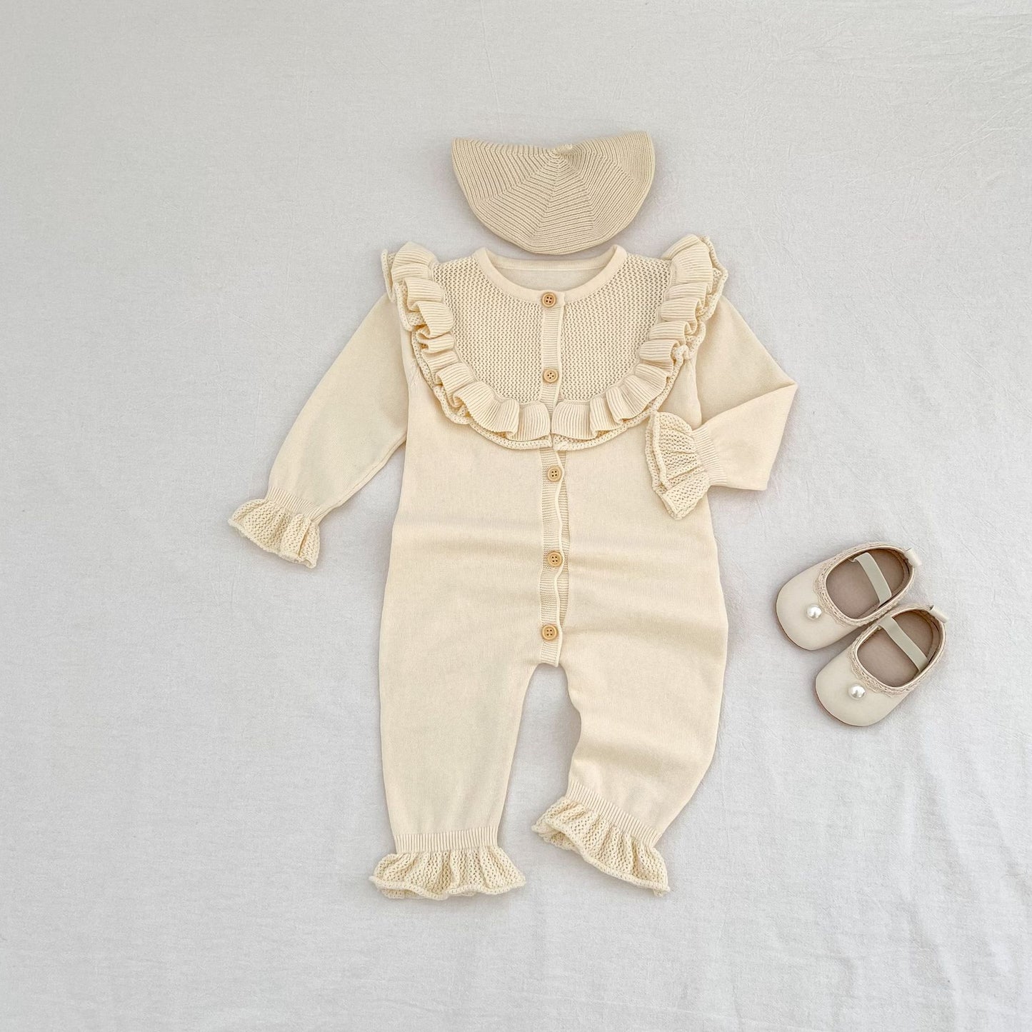 Baby Girl Round Neck Ruffled Stitching Long Climbing Fashionable Stylish Solid Color Jumpsuit