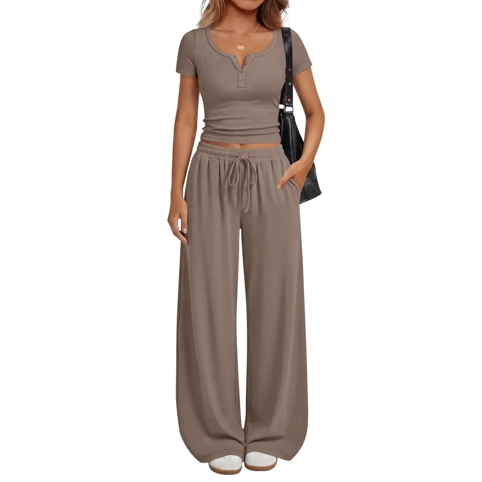 Women's Loungewear Short-Sleeve Top And Wide-Leg Pants Set by GJG Denim