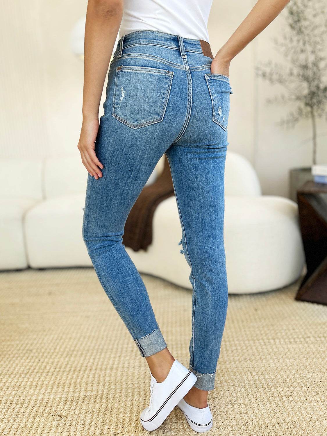 Judy Blue Full Size Mid Rise Destroy & Cuff Skinny Women Jeans