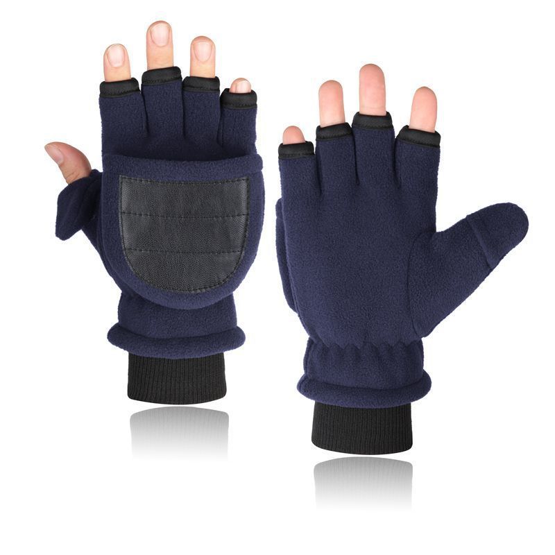 Men's Double-layer Velvet Flip Touch Screen Half Finger Gloves
