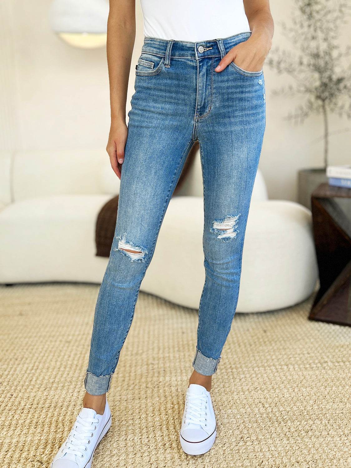 Judy Blue Full Size Mid Rise Destroy & Cuff Skinny Women Jeans