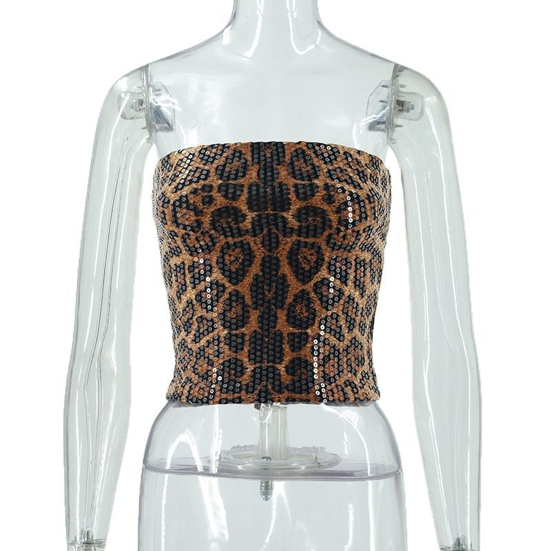 Women's Leopard Print Sequined Bandeau Slim-fit Inner Vest