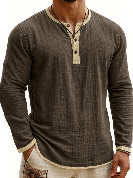Men's Two-tone Henley Shirt 3-button Casual Long Sleeve Shirt
