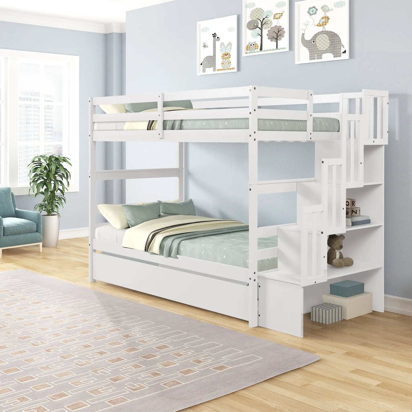 Twin Over Twin Bunk Beds With Twin Trundle And Stairway Storage Function In White Color by GJG Denim
