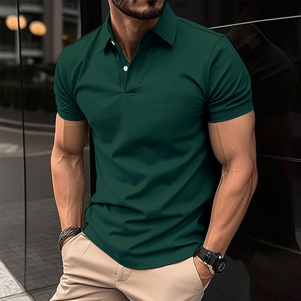 Short Sleeve Polo Shirt Men Solid Color Button Lapel Button Top
