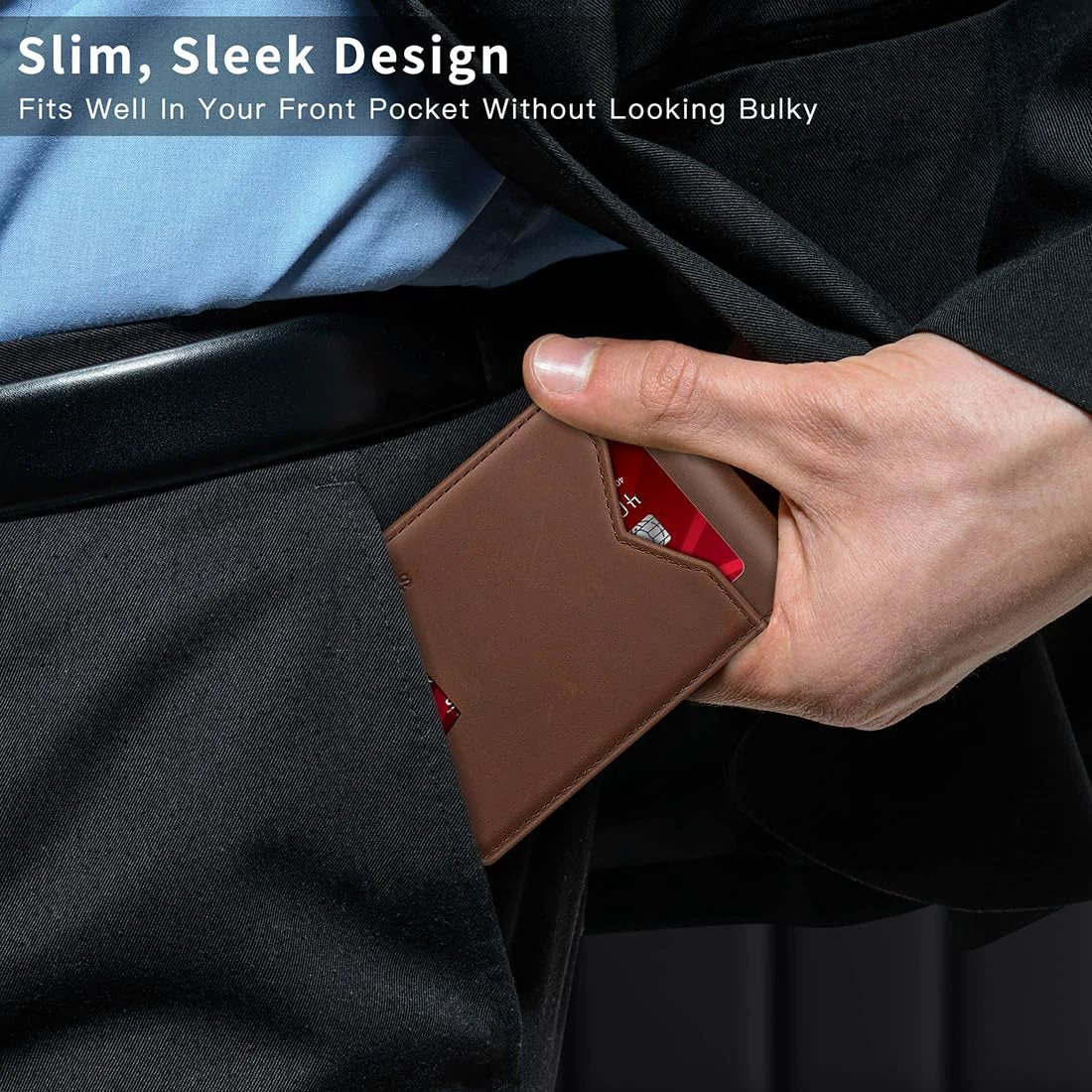 Real Leather, Slim Bifold Minimalist Front Pocket Design, RFID Mens Wallet With Money Pocket,ID Window, Holds Up To 11 Cards by GJG Denim