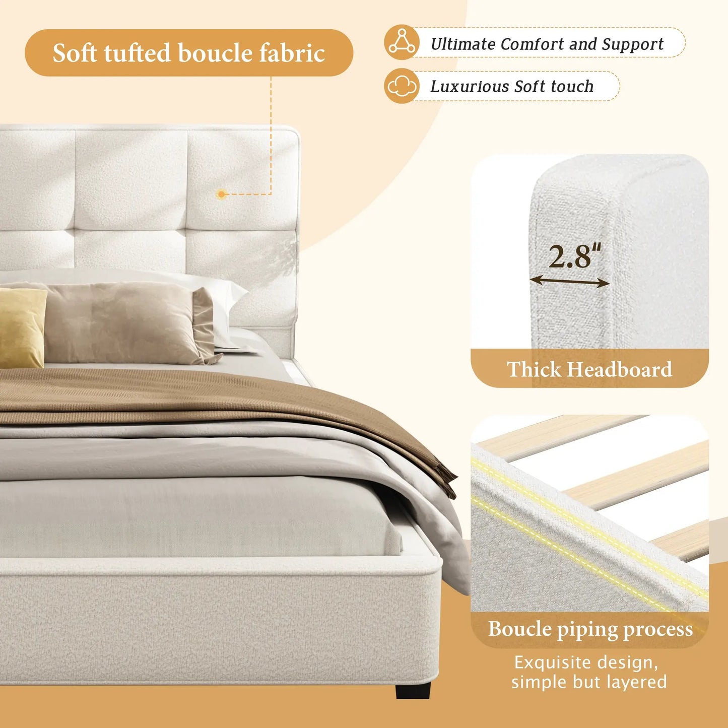 King Size Boucle Bed Frames, Upholstered Platform Bed With Curved Tufted Headboard, Soft Square Corners, Beige by GJG Denim