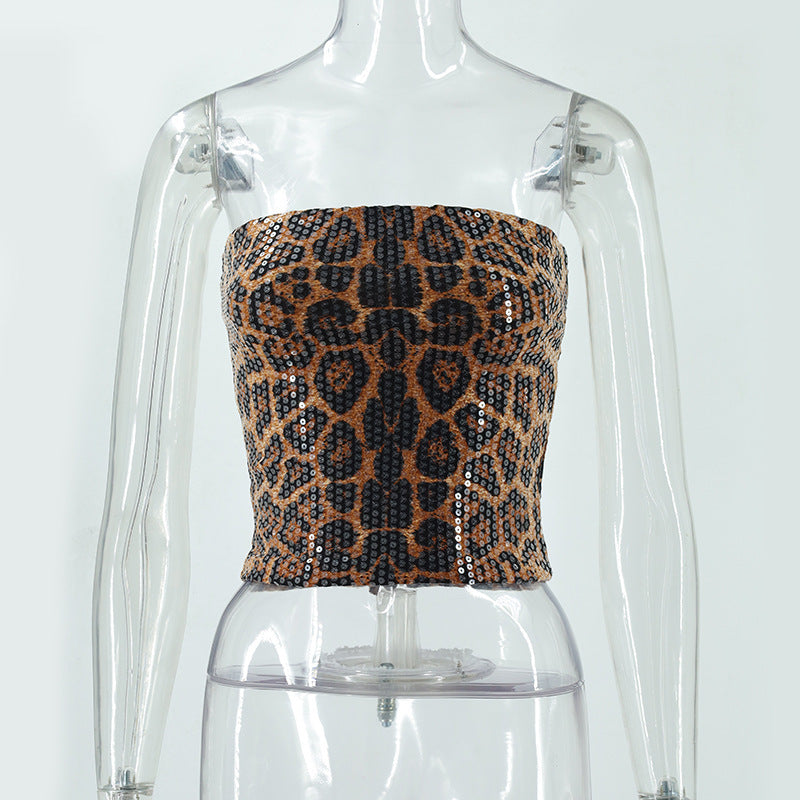 Women's Leopard Print Sequined Bandeau Slim-fit Inner Vest