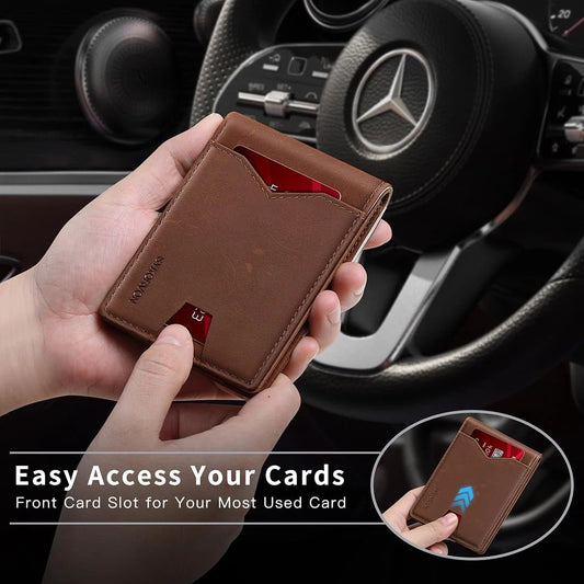 Real Leather, Slim Bifold Minimalist Front Pocket Design, RFID Mens Wallet With Money Pocket,ID Window, Holds Up To 11 Cards by GJG Denim