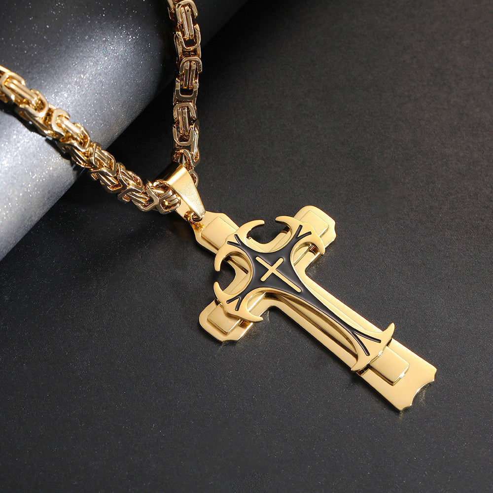 Christian Trinity Latin Cross Necklace For Men Stainless Steel Three Layers