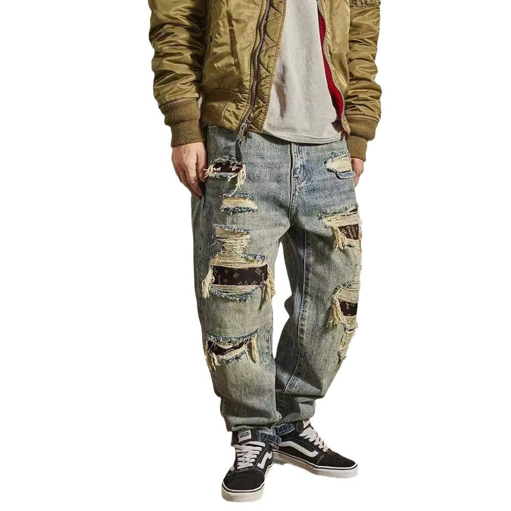 Men's Loose Straight Tapered Distressed Broken Holes Jeans