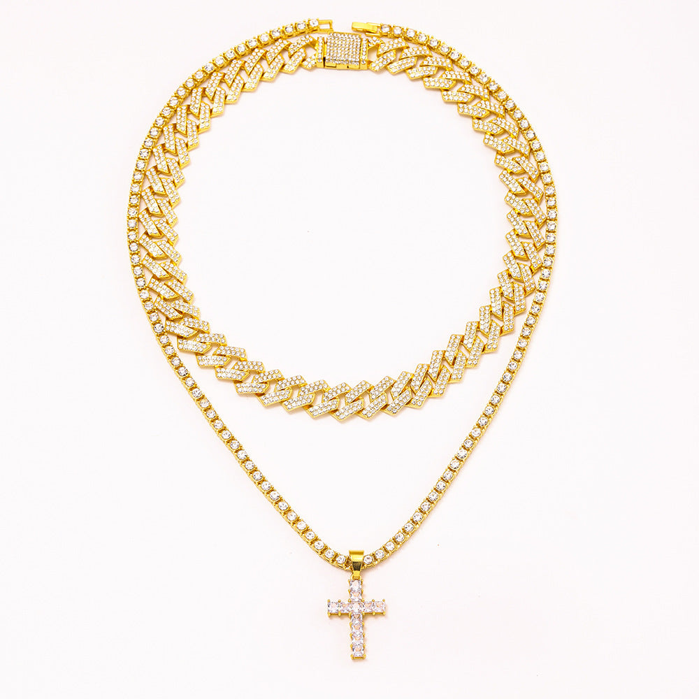 Men's Zircon Cross Pendant Cuban Chain Iced Out Paved Rhinestones Bling Necklaces