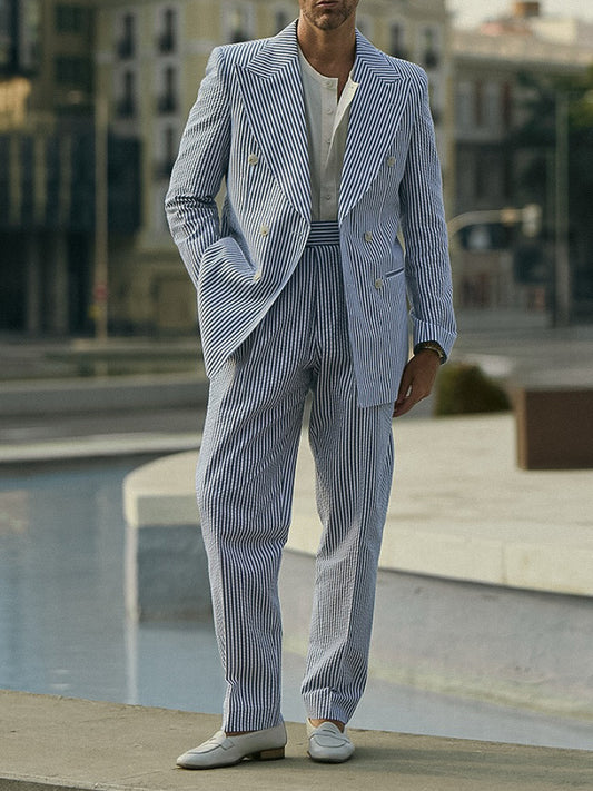 Men's Blue And White Striped Suit Set