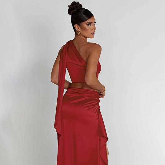 One-shoulder Satin Short Top High Waist Split Maxi Skirt
