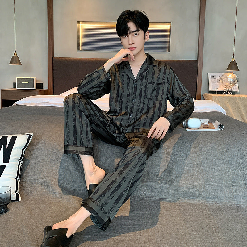 Men's Silk Pajamas V-neck Long Sleeve Two-piece Set