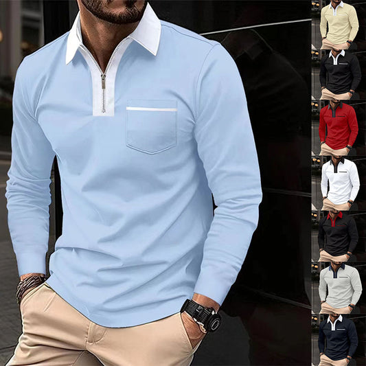 Men's Long Sleeve Zipper Polo Shirts Lapel Collar Zip Up