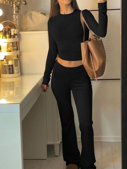Long Sleeved High Waisted Foldable Flared Pants Set