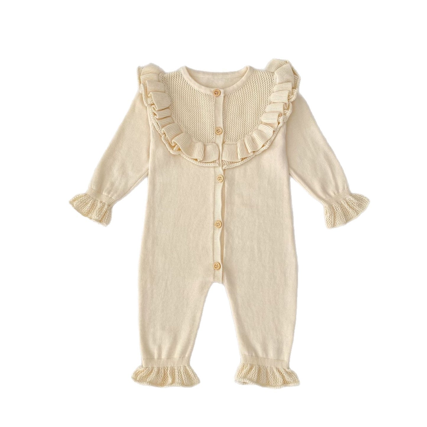 Baby Girl Round Neck Ruffled Stitching Long Climbing Fashionable Stylish Solid Color Jumpsuit